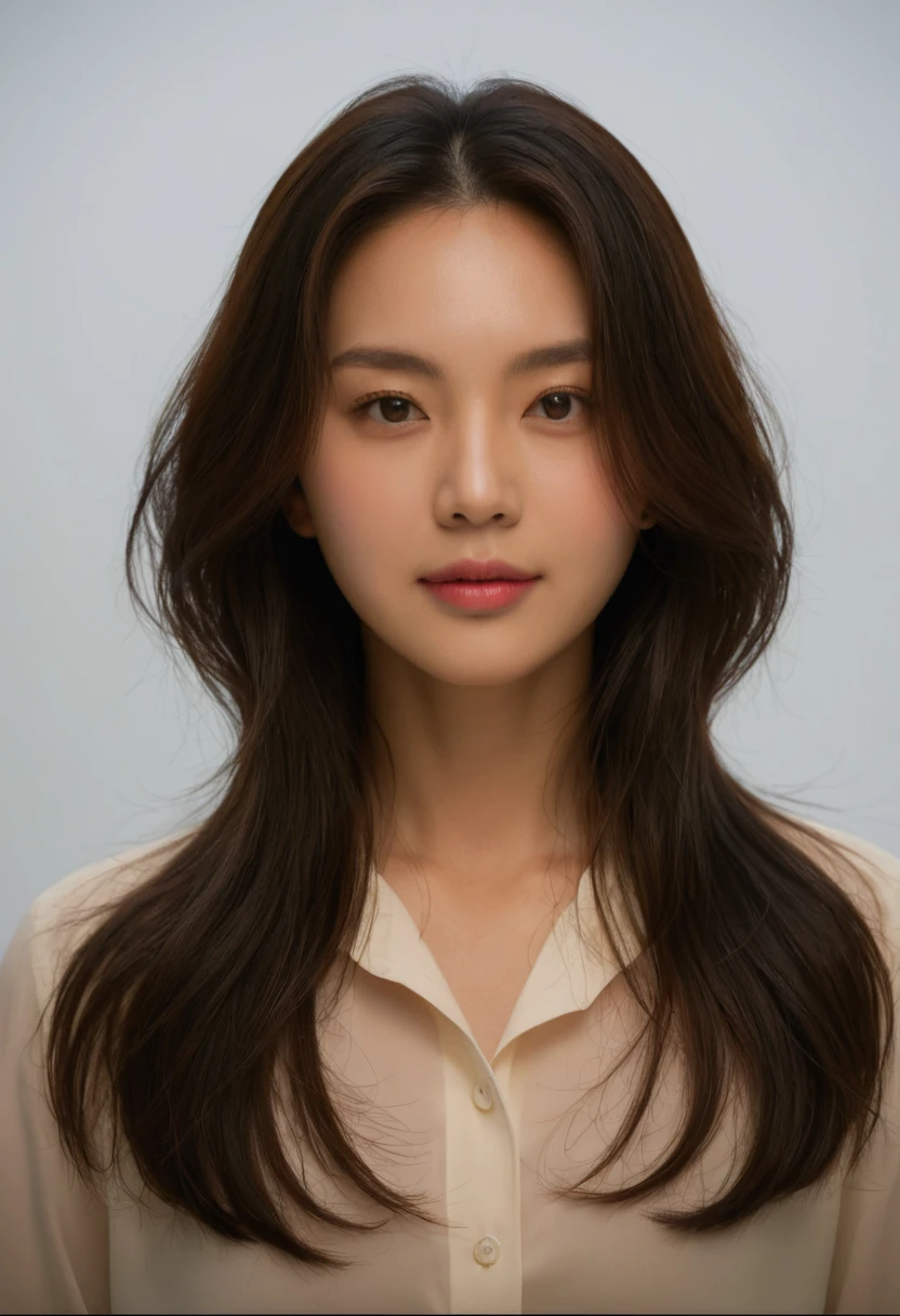 Best Quality, 8k, Masterpiece, (Portrait: 1.3), (photo realistic:1.4), (hyper realistic:1.4), Sharp Focus, looking at viewer, (smoother lighting:1.1), (increase cinematic lighting quality:0.9), realistic lighting, backlighting, light on face, ray trace, (brightening light:1.2), (Increase quality:1.4), sharp detail, (best quality real texture skin:1.4), finely detailed eyes, black_eyes, finely detailed face, 25 year old Korean woman, (white formal_shirt:1.4), (Create an image maintaining the original base model hairstyle:1.5)