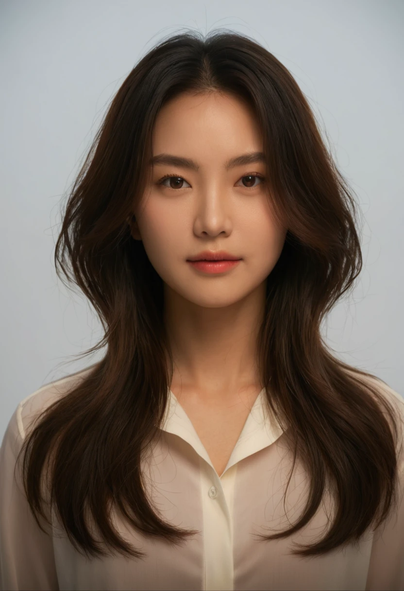 Best Quality, 8k, Masterpiece, (Portrait: 1.3), (photo realistic:1.4), (hyper realistic:1.4), Sharp Focus, looking at viewer, (smoother lighting:1.1), (increase cinematic lighting quality:0.9), realistic lighting, backlighting, light on face, ray trace, (brightening light:1.2), (Increase quality:1.4), sharp detail, (best quality real texture skin:1.4), finely detailed eyes, black_eyes, finely detailed face, 25 year old Korean woman, (white formal_shirt:1.4), (Create an image maintaining the original base model hairstyle:1.5)