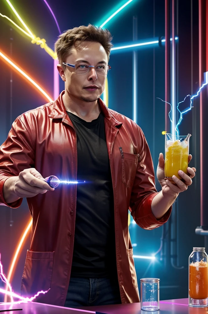 Feature a vibrant image of Elon Musk in a laboratory-like setting, wearing safety goggles and a lab coat.
Show him holding a beaker or a blender containing colorful energy drinks.
Include elements like electric sparks or futuristic graphics around him to emphasize innovation and experimentation.
Use bold text overlay saying "Elon Musk's Energy Drink Mixology Experiment!