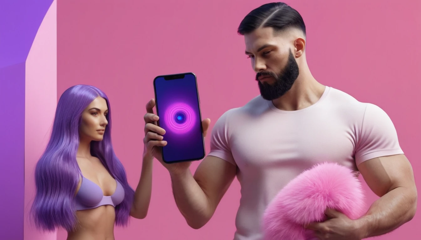 woman holds smartphone in her hand, naked european woman holding a dildo and smartphone that is glowing with pink and purple colours, in front of sporty musculin blackhair man, we can see their face close, minimalistic, in a light purple and pink style, with soft edges and blurred details, in the toycore style, with a 3D render, on a colorful background, with a minimalist stage design, in a surreal style, with a cinema4D rendering, with a minimalist style, with low saturation, using gradient colors, with a cinema4D rendering, with a blender rendering, with super detail, at a super high resolution, at a super high definition
