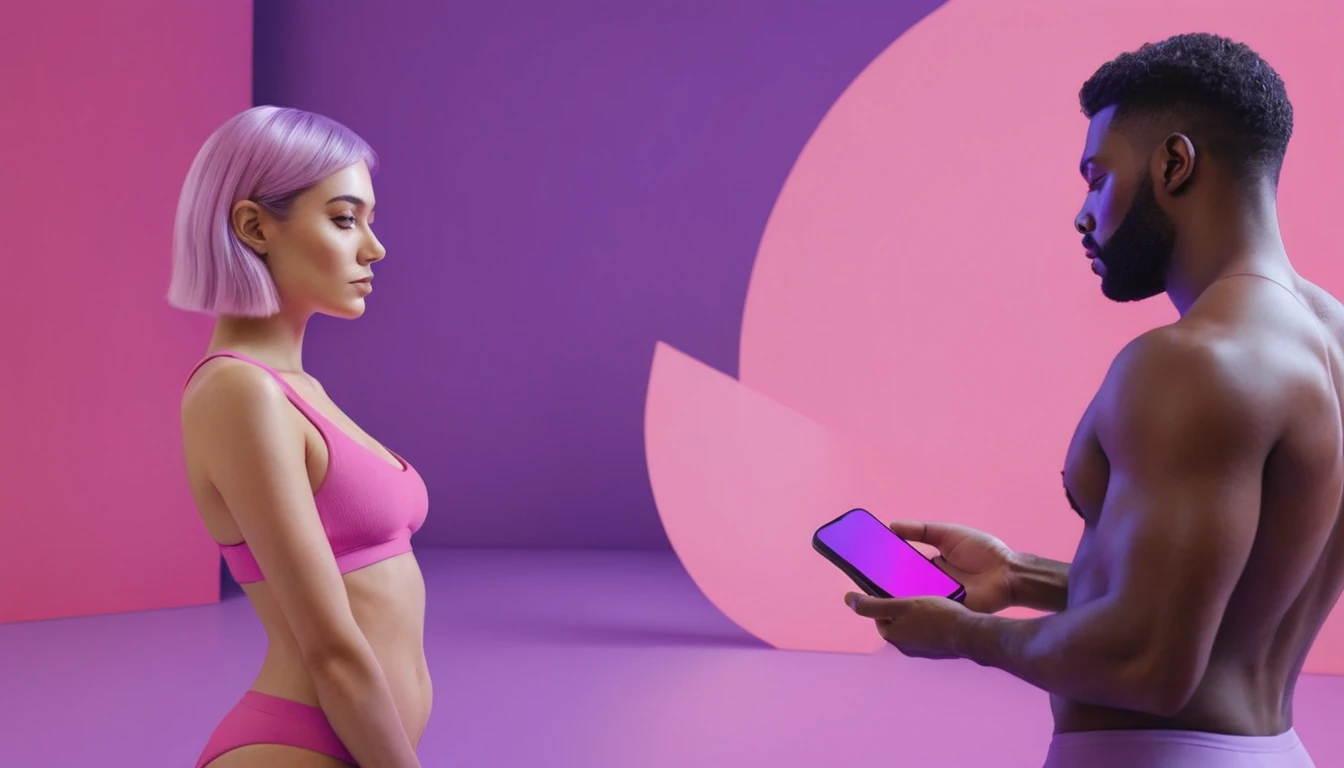 woman holds smartphone in her hand, naked european woman holding a dildo and smartphone that is glowing with pink and purple colours, in front of sporty musculin blackhair man, we can see their face close, minimalistic, in a light purple and pink style, with soft edges and blurred details, in the toycore style, with a 3D render, on a colorful background, with a minimalist stage design, in a surreal style, with a cinema4D rendering, with a minimalist style, with low saturation, using gradient colors, with a cinema4D rendering, with a blender rendering, with super detail, at a super high resolution, at a super high definition