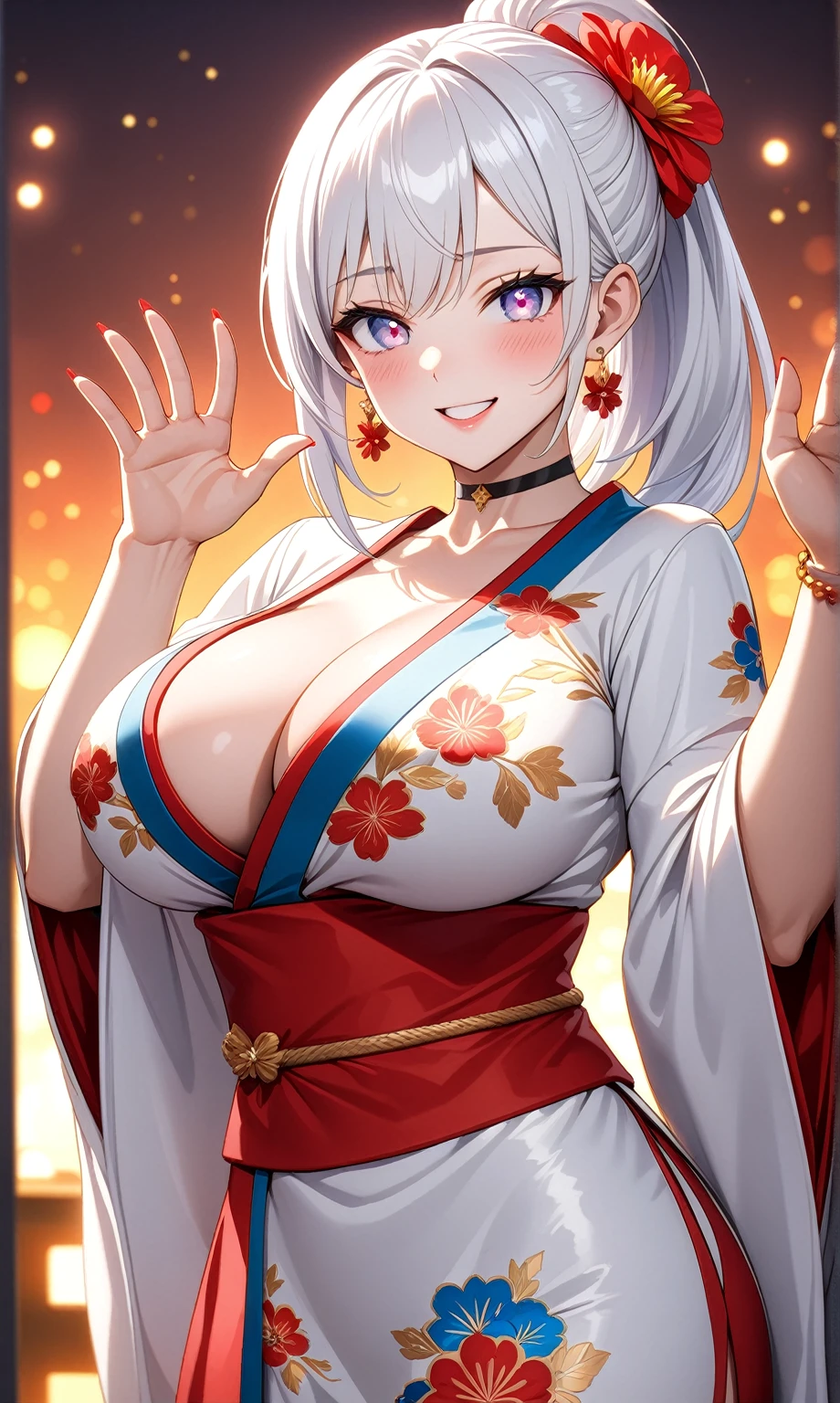 ((One personの女性)), Beautiful Face,Laughing embarrassedly,((Wink:2.0)),Laugh with your mouth wide open, ((waving at viewer:2.1)),((Bright red cheeks:1.4)),Shiny red lips,night,rooftop,Festive decorations,You can see the ocean, firework,Laughing with your mouth open,Glossy pink lips,Lighting on the face,((Anime style background)),masterpiece, Highest quality, so beautiful,Latest, Complex details, (Pink long nails),(ring),(bracelet),(choker),AI-generated, Complex,High resolution, Highest quality, super high quality,3D Images、3D Images,One person,Long white hair,High Ponytail,(blue eyes),Anime woman posing for a photo, ((Fine grain、Silvery white colorful eyes、Shining Eyes:1.4)),(Squint your eyes:1.1),a hyperRealistic , hyperRealistic , Realistic,Anime woman with long and white hair, Smooth anime CG art, A woman in a colorful kimono with gold embroidery, (Black long sleeve kimono),Red floral pattern,Long flower hair ornament,Big earrings,Mature Body,(Big Breasts:1.1),Tall,Abdominal muscles,Narrow waist,(Zoom in on face:1.6),Shooting from an angle