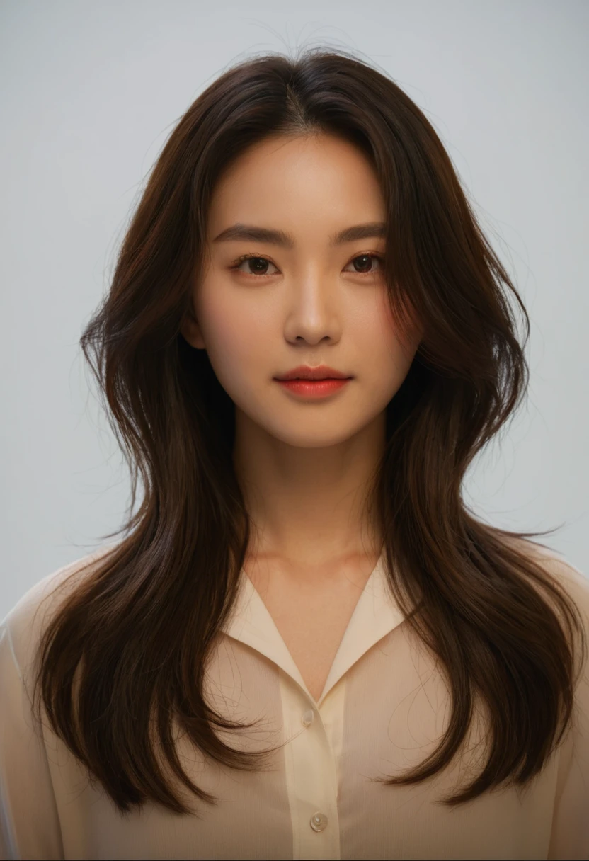 Best Quality, 8k, Masterpiece, (Portrait: 1.3), (photo realistic:1.4), (hyper realistic:1.4), Sharp Focus, looking at viewer, (smoother lighting:1.1), (increase cinematic lighting quality:0.9), realistic lighting, backlighting, light on face, ray trace, (brightening light:1.2), (Increase quality:1.4), sharp detail, (best quality real texture skin:1.4), finely detailed eyes, black_eyes, finely detailed face, 25 year old Korean woman, (white formal_shirt:1.4), (Create an image maintaining the original base model hairstyle:1.5)