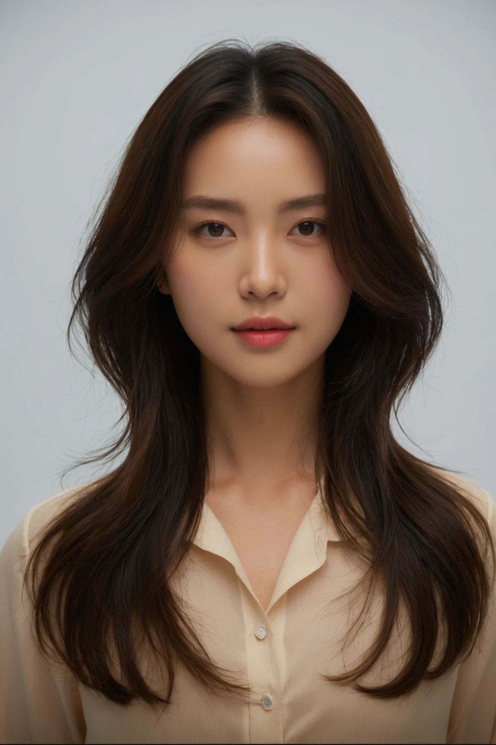 Best Quality, 8k, Masterpiece, (Portrait: 1.3), (photo realistic:1.4), (hyper realistic:1.4), Sharp Focus, looking at viewer, (smoother lighting:1.1), (increase cinematic lighting quality:0.9), realistic lighting, backlighting, light on face, ray trace, (brightening light:1.2), (Increase quality:1.4), sharp detail, (best quality real texture skin:1.4), finely detailed eyes, black_eyes, finely detailed face, 25 year old Korean woman, (white formal_shirt:1.4), (Create an image maintaining the original base model hairstyle:1.5)