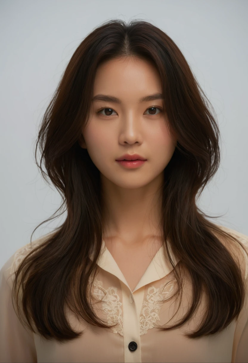Best Quality, 8k, Masterpiece, (Portrait: 1.3), (photo realistic:1.4), (hyper realistic:1.4), Sharp Focus, looking at viewer, (smoother lighting:1.1), (increase cinematic lighting quality:0.9), realistic lighting, backlighting, light on face, ray trace, (brightening light:1.2), (Increase quality:1.4), sharp detail, (best quality real texture skin:1.4), finely detailed eyes, black_eyes, finely detailed face, 25 year old Korean woman, (white formal_shirt:1.4), (Create an image maintaining the original base model hairstyle:1.5)