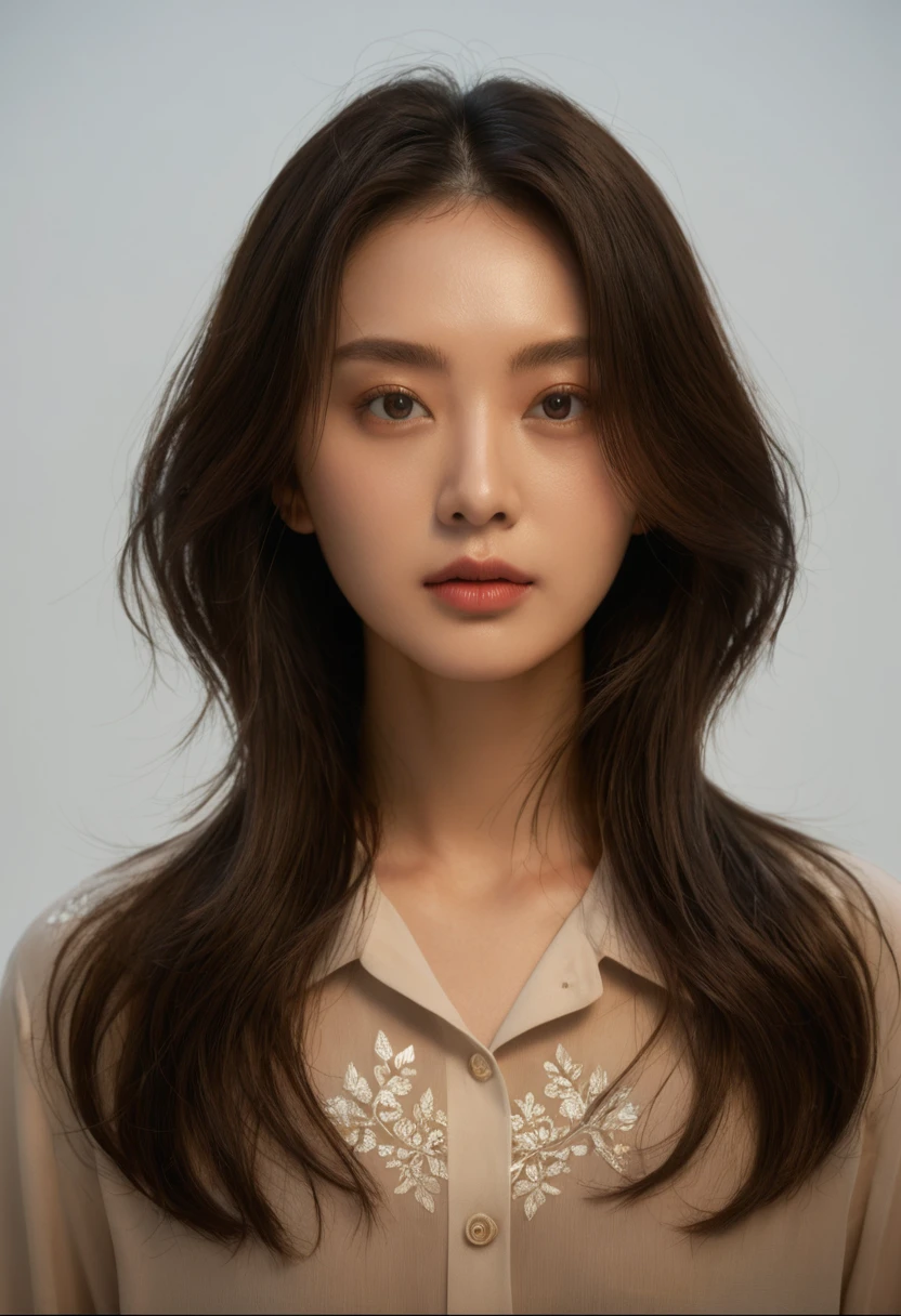 Best Quality, 8k, Masterpiece, (Portrait: 1.3), (photo realistic:1.4), (hyper realistic:1.4), Sharp Focus, looking at viewer, (smoother lighting:1.1), (increase cinematic lighting quality:0.9), realistic lighting, backlighting, light on face, ray trace, (brightening light:1.2), (Increase quality:1.4), sharp detail, (best quality real texture skin:1.4), finely detailed eyes, black_eyes, finely detailed face, 25 year old Korean woman, (white formal_shirt:1.4), (Create an image maintaining the original base model hairstyle:1.5)