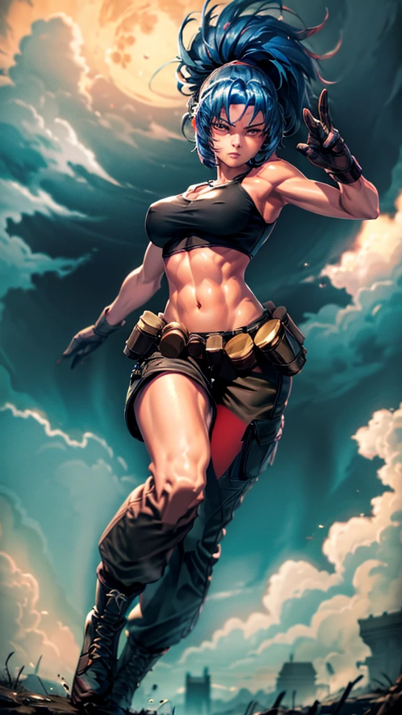 (masterpiece, highest quality, ultra high res, ultra detailed:1.3), 1 cute girl, ideal ratio body proportions, red eyes, (blue hair:1.2), high ponytail, unruly hair, brown tank top, military pants, military boots, bare shoulders, bare arms, open finger gloves, dog tag, full moon, night time, tank top covered nipples, 