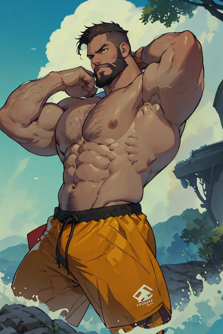 bodybuilding physique, A muscular man with a strong build.. He has a well-defined jaw and a serious expression.. His skin is clear, and he has a short beard. Football, american football clothing, rugby, Football player