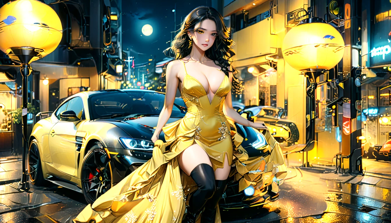 a picture of a female model wearing an evening dress ((lifting a car: 1.5)), glamorous model woman, black hair, long hair, wavy hair, beautiful green eyes, she wears a ((yellow evening dress: 1.5)), elegant, intricate detailed dress, silk dress, small cleavage, she wears elegant knee high heeled boots, exquisite knee high heeled boots, lifting a ((sports car: 1.5)), in a cyberpunk street an night background, moon, stars, lamp light,  (Masterpiece: 1.5), 16k, highres, best quality, high details, ultra detailed, masterpiece, best quality, (extremely detailed), 