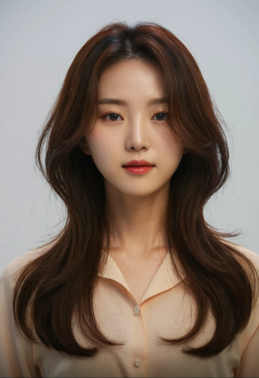 Best Quality, 8k, Masterpiece, (Portrait: 1.3), (photo realistic:1.4), (hyper realistic:1.4), Sharp Focus, looking at viewer, (smoother lighting:1.1), (increase cinematic lighting quality:0.9), realistic lighting, backlighting, light on face, ray trace, (brightening light:1.2), (Increase quality:1.4), sharp detail, (best quality real texture skin:1.4), finely detailed eyes, black_eyes, finely detailed face, 25 year old Korean woman,(Create an image maintaining the original base model hairstyle:1.5)