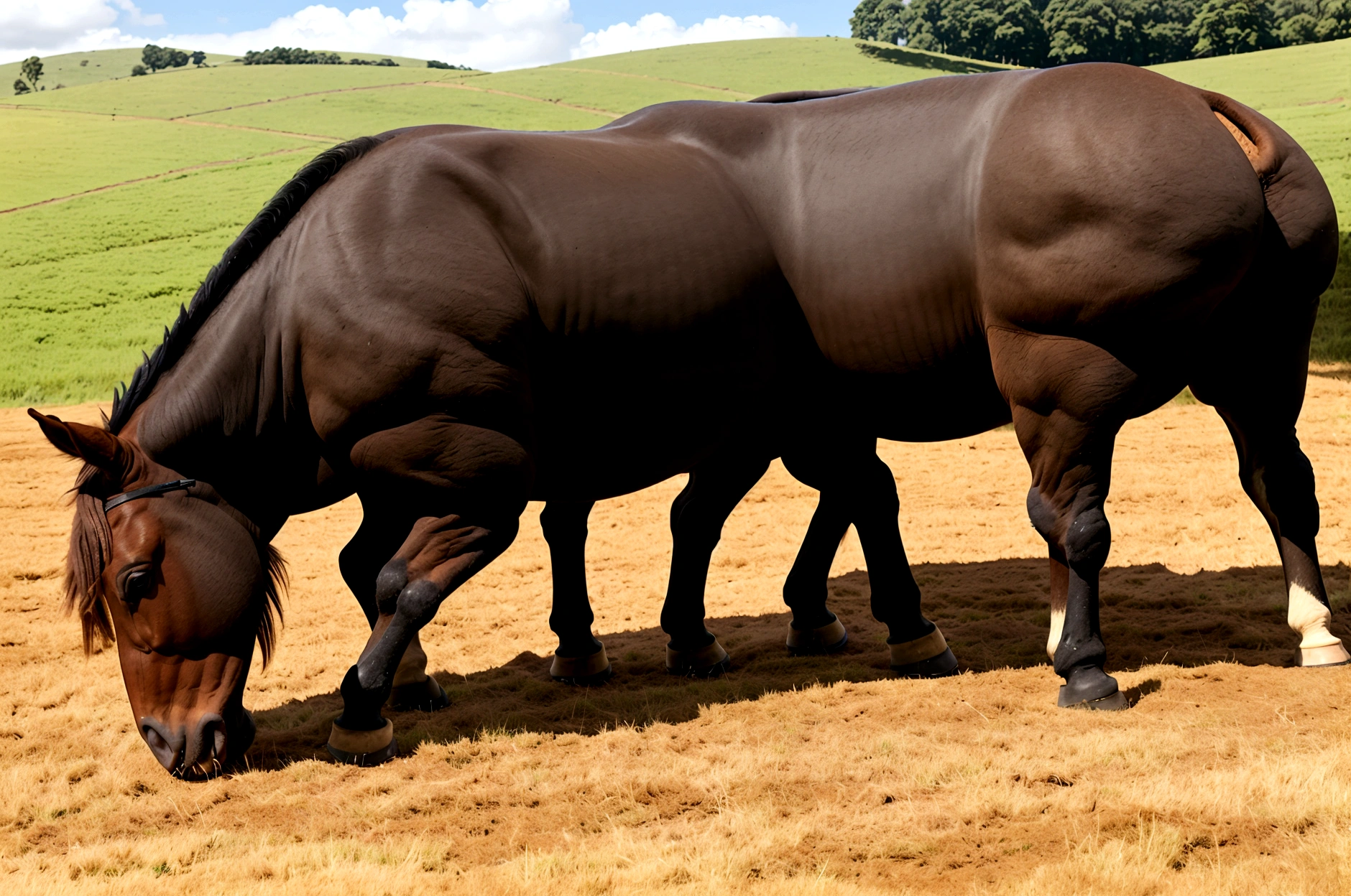 complete side view of horse. a big fat Belgian draft horse with very big bum. horse pulling open wagon. nude BBW African woman riding horse. dung pile under horse bum. raised tail. grass grass field. clear blue sky.