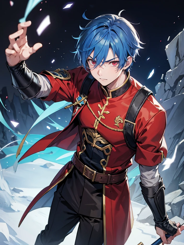MALE Character, Adult, Boy, Blue Hair, Red Eyes, Bad boy Look, Warrior clothes, Isekai World Background