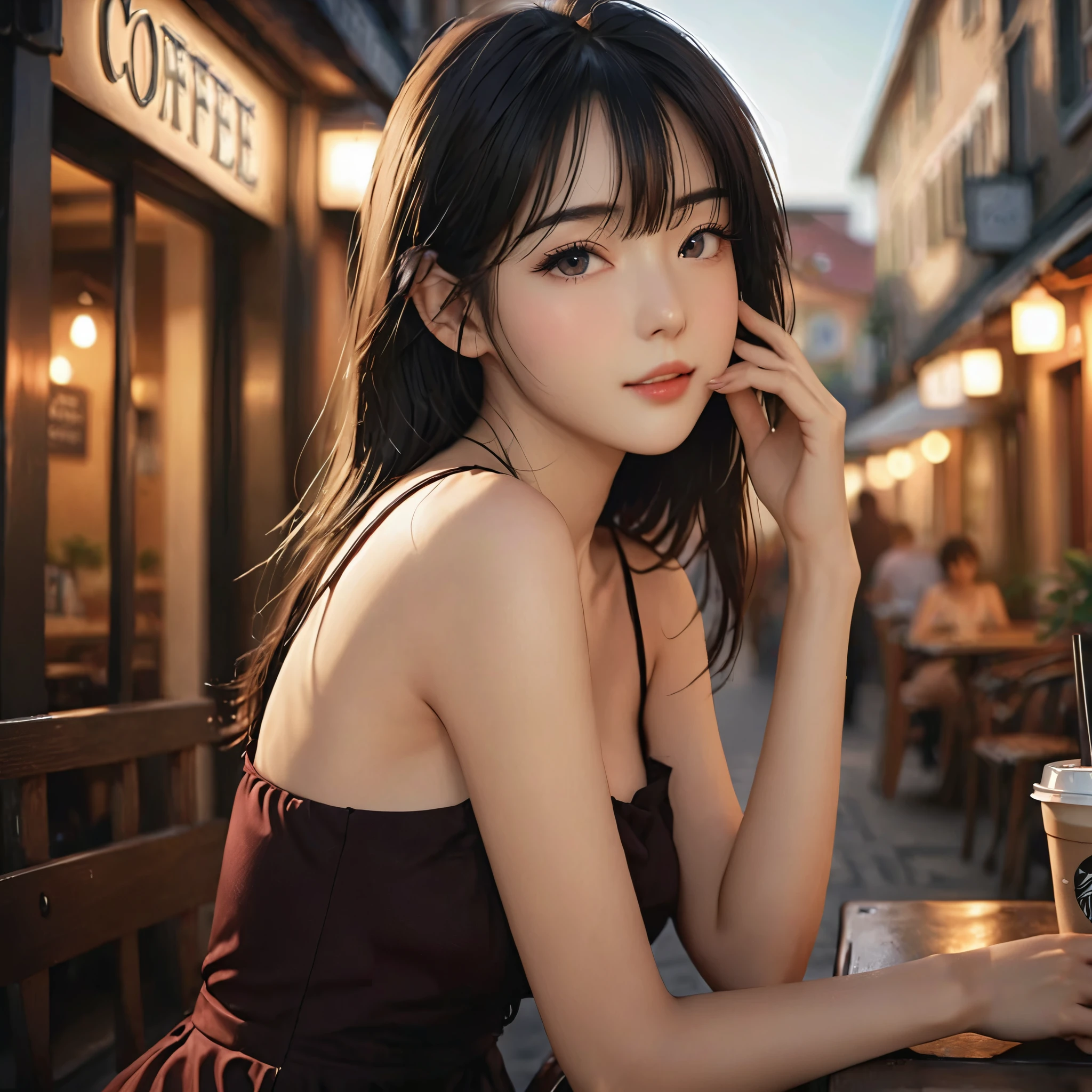 a girl，cute and pretty face，Long straight black hair，Long bangs covering eyes，long eyelashes，(Fine eyes)，small eyes，(half-closed eyes)，(Dark lipstick)，(Dark eyeshadow)，Slim body，Medium breasts，Slender limbs，spaghetti strap dress，outside an old town coffee café，clean focus，shallow Depth of Field，Ultra-detailed faces，very beautiful face，soft skin，Extremely high texture skin，Look to viewer，little smirk，beautiful legs，seductive，femainine pose，soft lighting，(realistic ，realistic-photo，RAW photo，8K original)，lens flare，film grain，artistic photography，UHD，highres，masterpiece，retina，