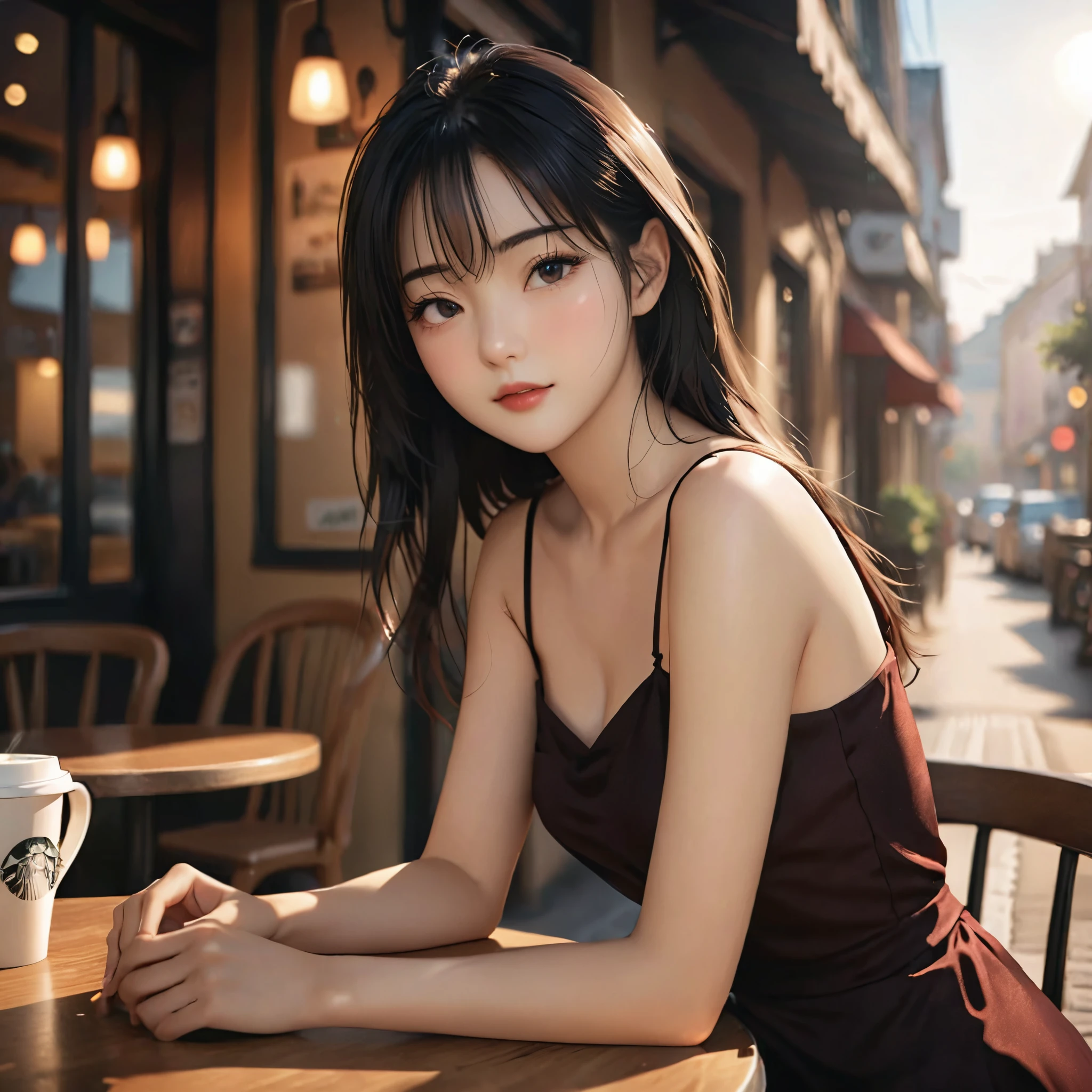 a girl，cute and pretty face，Long straight black hair，Long bangs covering eyes，long eyelashes，(Fine eyes)，small eyes，(half-closed eyes)，(Dark lipstick)，(Dark eyeshadow)，Slim body，Medium breasts，Slender limbs，spaghetti strap dress，outside an old town coffee café，clean focus，shallow Depth of Field，Ultra-detailed faces，very beautiful face，soft skin，Extremely high texture skin，Look to viewer，little smirk，beautiful legs，seductive，femainine pose，soft lighting，(realistic ，realistic-photo，RAW photo，8K original)，lens flare，film grain，artistic photography，UHD，highres，masterpiece，retina，