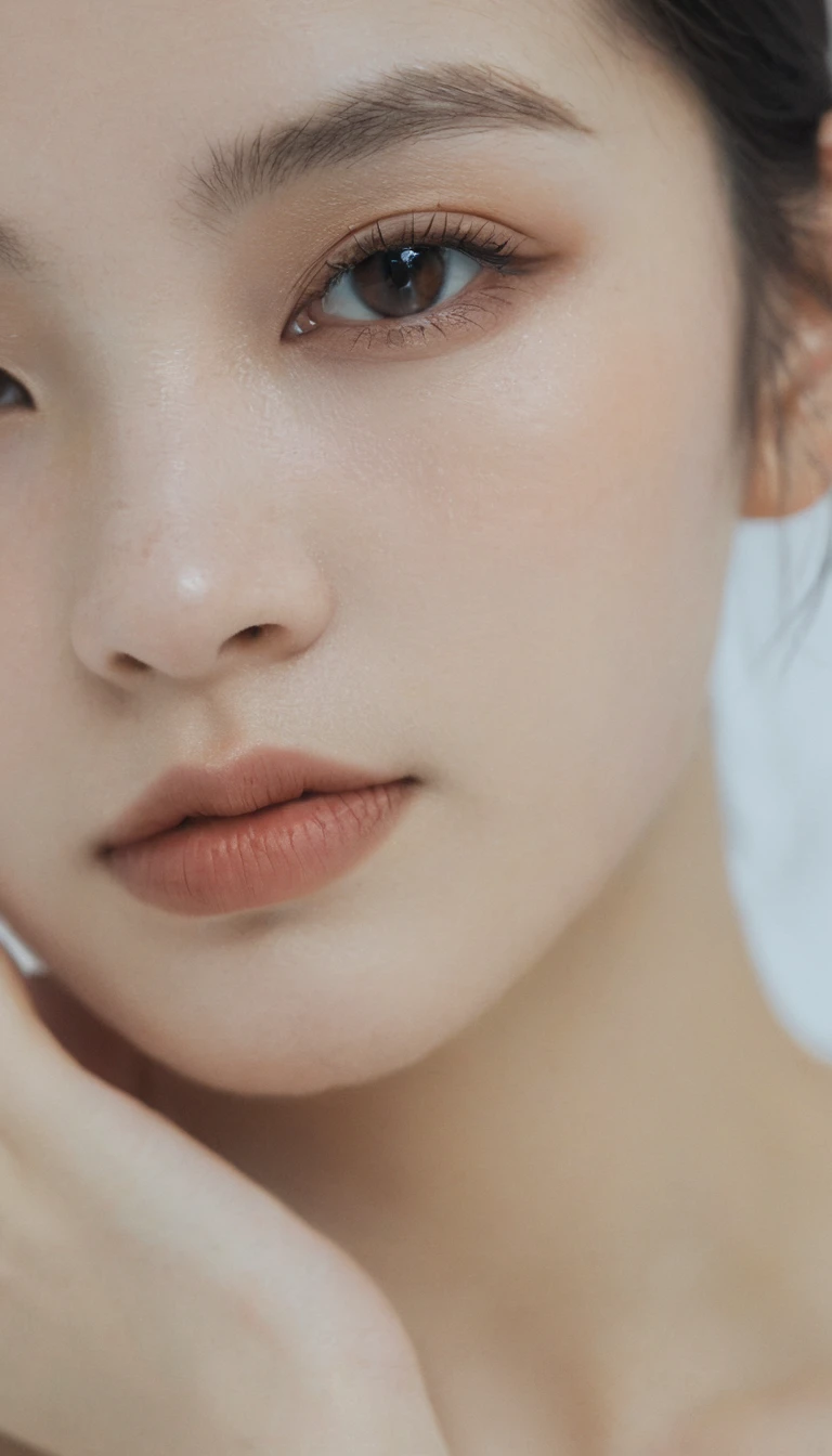 xxmixgirl, Analog Style, Eye focus, Highest quality, (Very detailed skin), Exquisitely beautiful white skin photos, 21 years old, Upper Body、Perfect Face, Captivating eyes, (Seductive makeup: 1.3), Skin pores, (Bokeh:1.5), Sharp focus, Dappled Lighting, (Backlight), Film Grain, (Very detailed, Exquisitely crafted), 8K, High resolution, Front view, Studio Light, Very detailed顔, Fine grain, (double eyelid: 1.4), Aristogle, Brown eyes, (commercial: 1.6), (Seductive makeup), ((White studio background: 2))