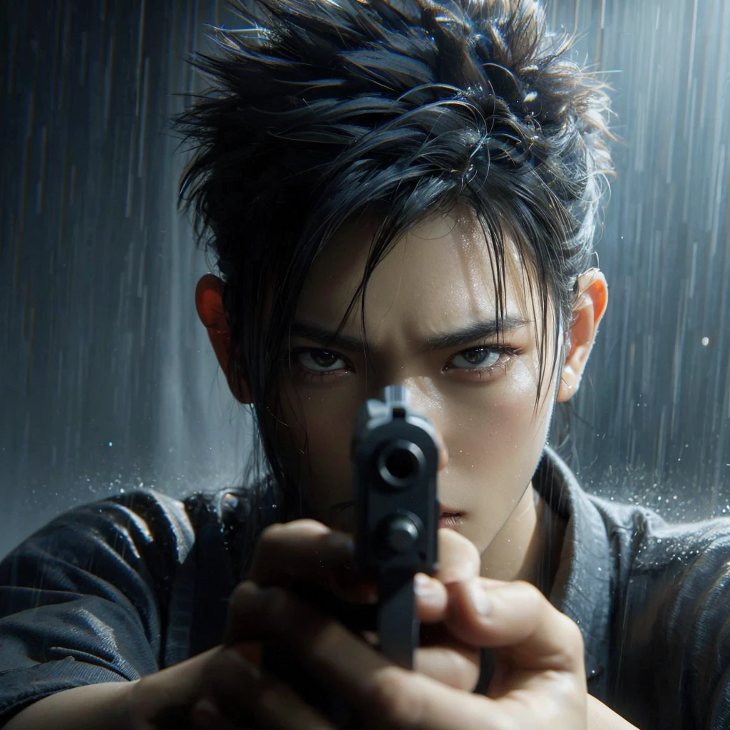 3d hyperrealistik dari seorang pria asia ,usia 25 tahun rambut short and spiky yang bertekad mengarahkan pistol langsung ke penonton. Adegan menyampaikan momen ini dengan intensity dramatis, dengan tetes hujan terlihat di wajah dan rambutnya. Fokus adalah pada matanya dan pistol yang dipegang erat di kedua tangannya, menekankan fokus dan tekadnya yang tak tergoyahkan. Suasana hati secara keseluruhan intens dan menyenangkan. uhd,ultrarealistic,4k,cinematic