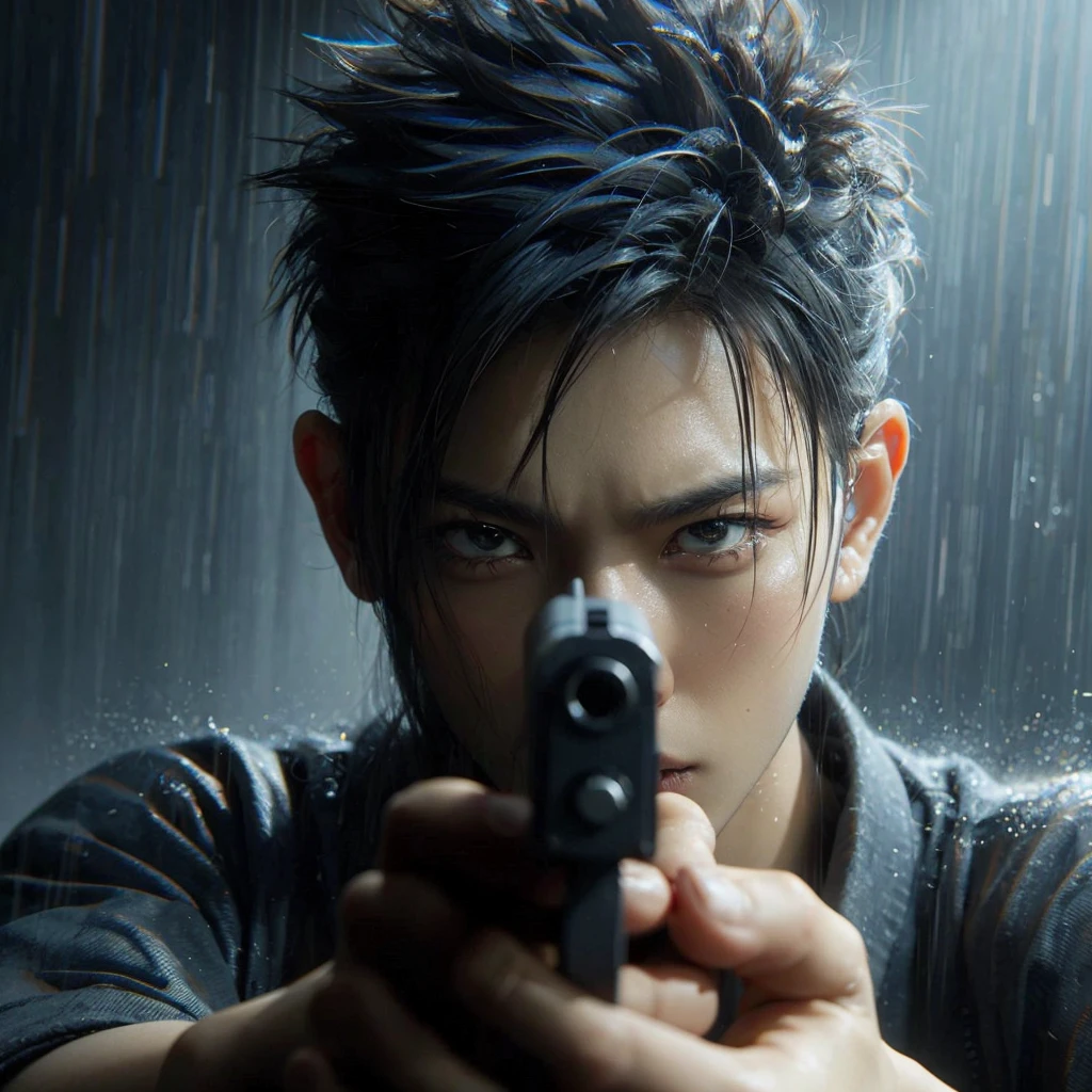 3d hyperrealistik dari seorang pria asia ,usia 25 tahun rambut short and spiky yang bertekad mengarahkan pistol langsung ke penonton. Adegan menyampaikan momen ini dengan intensity dramatis, dengan tetes hujan terlihat di wajah dan rambutnya. Fokus adalah pada matanya dan pistol yang dipegang erat di kedua tangannya, menekankan fokus dan tekadnya yang tak tergoyahkan. Suasana hati secara keseluruhan intens dan menyenangkan. uhd,ultrarealistic,4k,cinematic