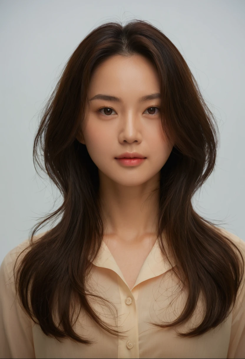 Best Quality, 8k, Masterpiece, (Portrait: 1.3), (photo realistic:1.4), (hyper realistic:1.4), Sharp Focus, looking at viewer, (smoother lighting:1.1), (increase cinematic lighting quality:0.9), realistic lighting, backlighting, light on face, ray trace, (brightening light:1.2), (Increase quality:1.4), sharp detail, (best quality real texture skin:1.4), finely detailed eyes, black_eyes, finely detailed face, 25 year old Korean woman, (white formal_shirt:1.4), (Create an image maintaining the original base model hairstyle:1.5)