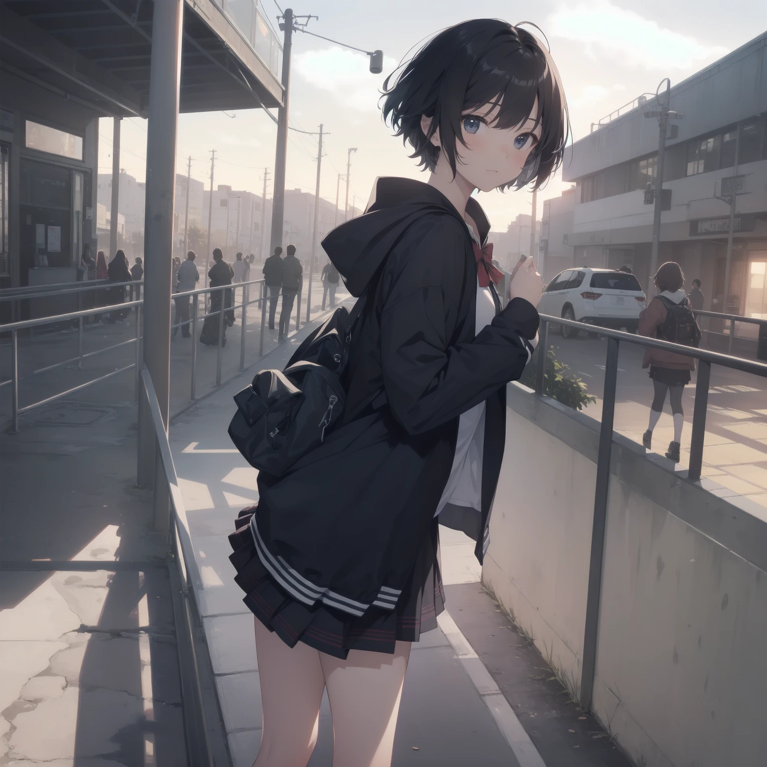 ultra-absurdres-Top quality by artist God, ultra-detailed, high resolution, anime moe artstyle, best anime 8k konachan wallpaper, pixiv contest winner, pool:2810, perfect anatomy,break, 1girl, (Please draw a girl walking sleepily to school alone. )break,(Solo,little female, 13-year-old:1.3),Full limbs, complete fingers,a junior high school student, (very short hair), short cut, flat chest, , small butt, small black eyes, beautiful detailed eyes, well-proportioned iris and pupils, expressive eyes, highres detailed hair, soft expression, salor school_uniform, sailor collar, serahuku, bow, pleated skirt,(Detailed Lighting), (Detailed background), in the School commute route. break,super detailed skin, Best cinematic lighting powered by famous artist, 8k,beauty illustration,photoshop_(medium),very aesthetic,break,((artist:takafumi )), artist:clamp ,artist:carnelian ,artist:kantoku ,