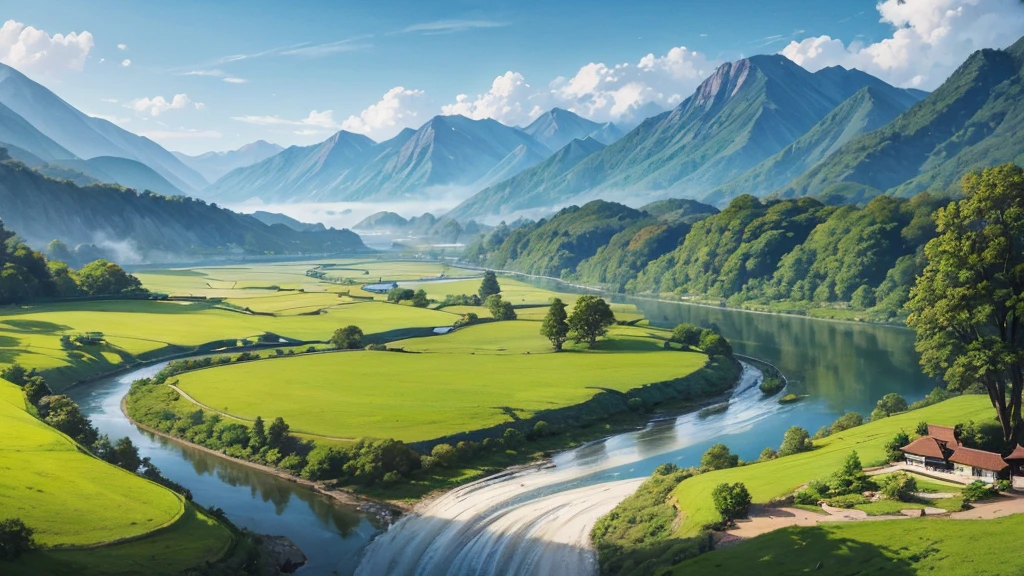 a peaceful landscape, Could be a painting, with a river flowing through a valley, where traditional Asian-style houses are nestled amidst lush green nature. The mist-covered mountains lie in the background, and the birds were flying in the sky. This work of art captures the peaceful beauty of nature and traditional rural life. There are no math or homework problems shown in the image for conversion