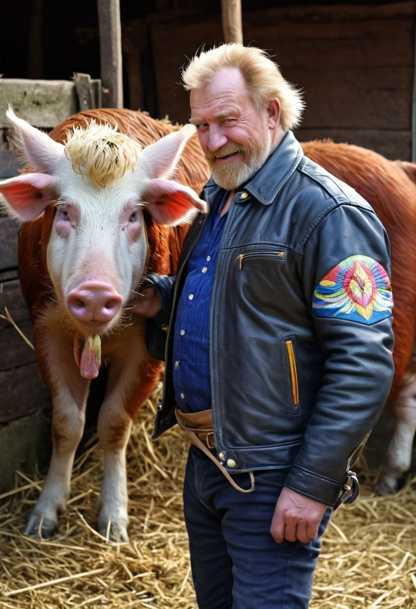 Picture of a farmyard and a stable, the spirit of the yard in the form of a little old man with straw hair and beard, in a leather jacket over a Russian shirt, in laptoes, scratching a big pig behind the ear and stroking a cow with his other hand, a colourful rooster stands on the pig, a horse peeks out from the corner of the stable, fairy tale, legend, myths, high detailing