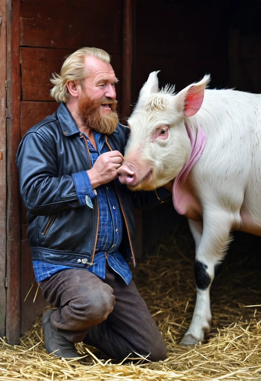 Picture of a farmyard and a stable, the spirit of the yard in the form of a little old man with straw hair and beard, in a leather jacket over a Russian shirt, in laptoes, scratching a big pig behind the ear and stroking a cow with his other hand, a colourful rooster stands on the pig, a horse peeks out from the corner of the stable, fairy tale, legend, myths, high detailing