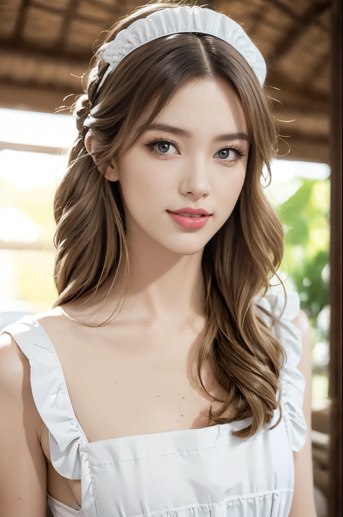 (((best quality))),(((ultra detailed))),(((masterpiece))),illustration,1girl,maid cafe,stunningly beautiful,slim,medium straight bob hair,flat chest,deep captivating eyes,maid costume,strapless see through lace apron,graceful movements,confident charm,warm genuine smile,France cafe,delicious coffee pastries,warm inviting atmosphere,joyful eyes,Coffee Machine,close-up of face