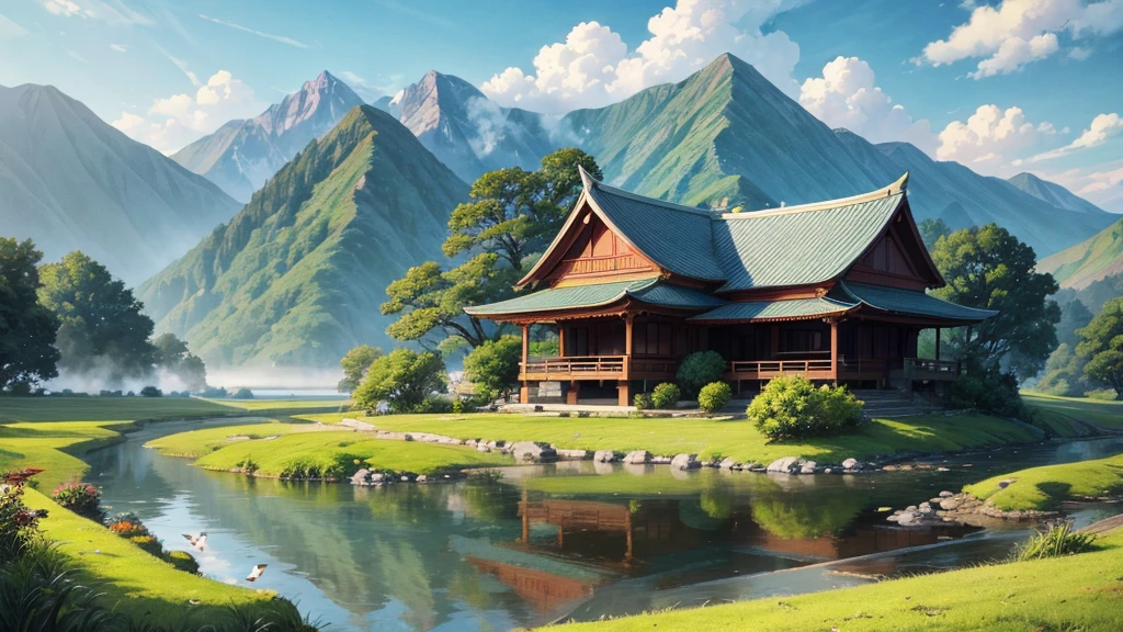 a peaceful landscape, Could be a painting, with a river flowing through a valley, where traditional Asian-style houses are nestled amidst lush green nature. The mist-covered mountains lie in the background, and the birds were flying in the sky. This work of art captures the peaceful beauty of nature and traditional rural life. There are no math or homework problems shown in the image for conversion