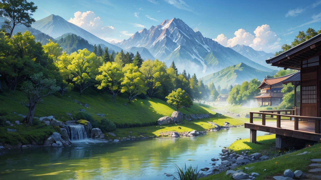 a peaceful landscape, Could be a painting, with a river flowing through a valley, where traditional Asian-style houses are nestled amidst lush green nature. The mist-covered mountains lie in the background, and the birds were flying in the sky. This work of art captures the peaceful beauty of nature and traditional rural life. There are no math or homework problems shown in the image for conversion