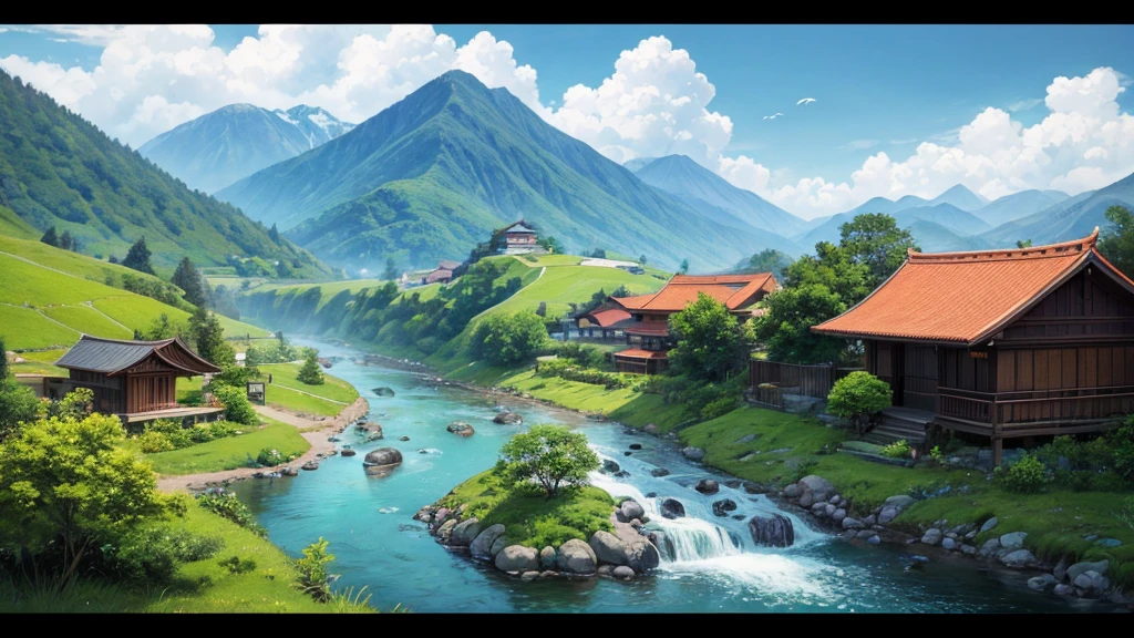a peaceful landscape, Could be a painting, with a river flowing through a valley, where traditional Asian-style houses are nestled amidst lush green nature. The mist-covered mountains lie in the background, and the birds were flying in the sky. This work of art captures the peaceful beauty of nature and traditional rural life. There are no math or homework problems shown in the image for conversion