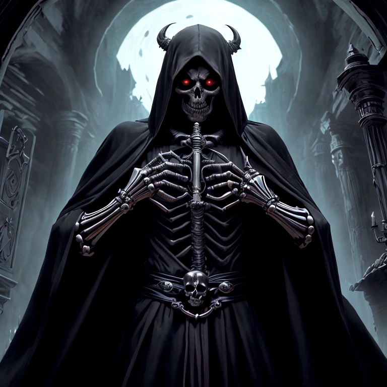 Once upon a time, in a dark and mysterious kingdom, where lost souls roamed restlessly, there was a fearsome being known as the Dark Reaper. This being was a male god of death, a skeleton covered by a black hood that hid its face, except for his scary skull. The Reaper was known for his ability to manipulate the forces of death. He possessed a powerful artifact called the Portrait of the Old Necromancer, which gave him the ability to control the undead and dominate wandering souls. With her black dress and flowing bathrobe, he roamed the kingdom, bringing fear and dread wherever he went.