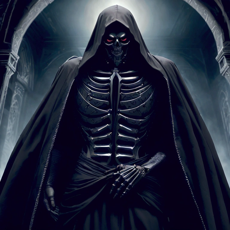 Once upon a time, in a dark and mysterious kingdom, where lost souls roamed restlessly, there was a fearsome being known as the Dark Reaper. This being was a male god of death, a skeleton covered by a black hood that hid its face, except for his scary skull. The Reaper was known for his ability to manipulate the forces of death. He possessed a powerful artifact called the Portrait of the Old Necromancer, which gave him the ability to control the undead and dominate wandering souls. With her black dress and flowing bathrobe, he roamed the kingdom, bringing fear and dread wherever he went.