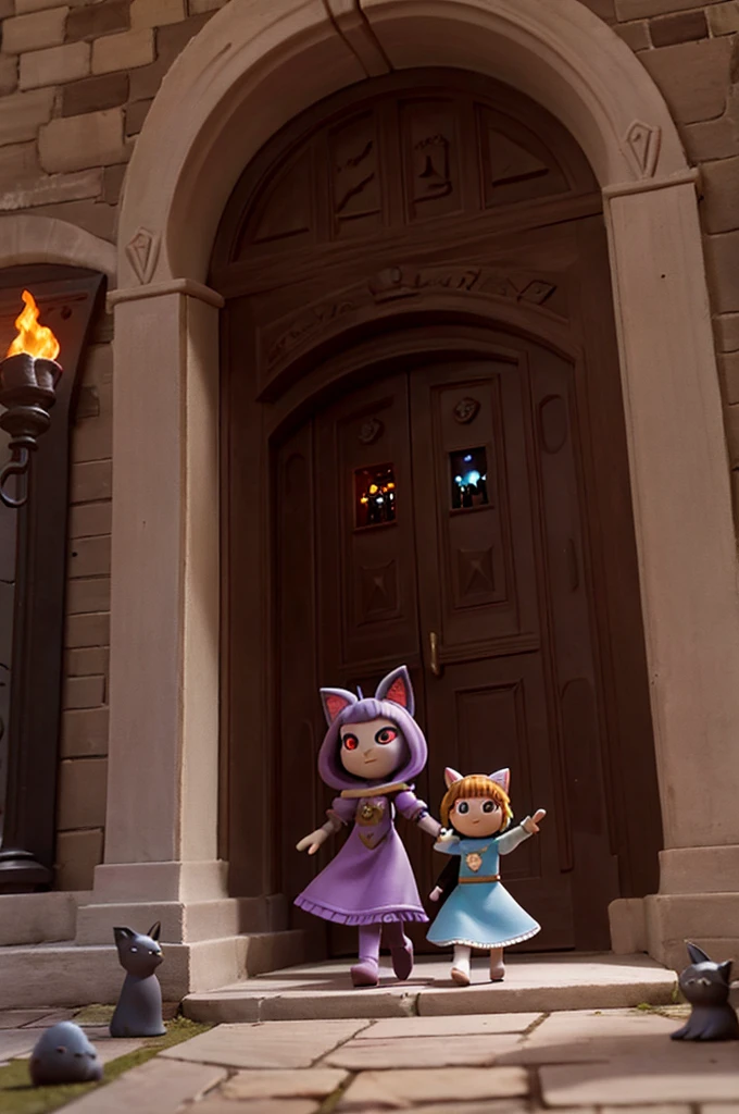 As they approached the entrance to the tower, Luna and Felicia noticed that the door was guarded by dark creatures, stone golems with eyes as red as burning embers. Felicia used her magic to distract the guards, creating dancing lights that carried them away. With a quick leap, Luna and Felicia entered the tower.