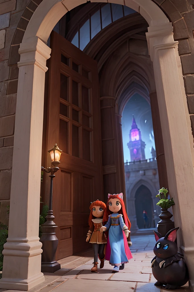 As they approached the entrance to the tower, Luna and Felicia noticed that the door was guarded by dark creatures, stone golems with eyes as red as burning embers. Felicia used her magic to distract the guards, creating dancing lights that carried them away. With a quick leap, Luna and Felicia entered the tower.