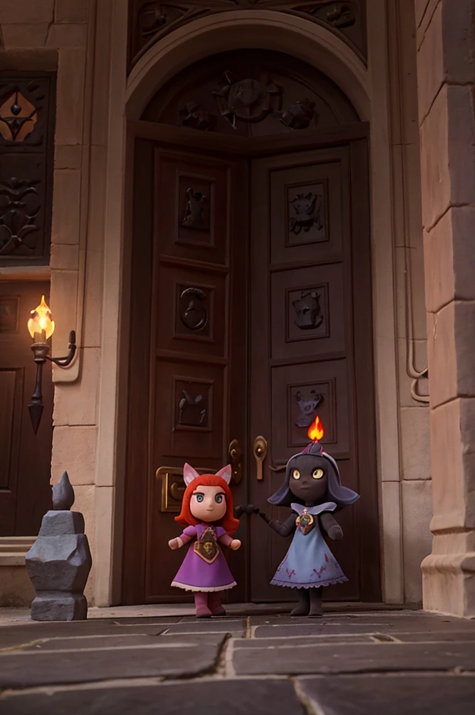 As they approached the entrance to the tower, Luna and Felicia noticed that the door was guarded by dark creatures, stone golems with eyes as red as burning embers. Felicia used her magic to distract the guards, creating dancing lights that carried them away. With a quick leap, Luna and Felicia entered the tower.