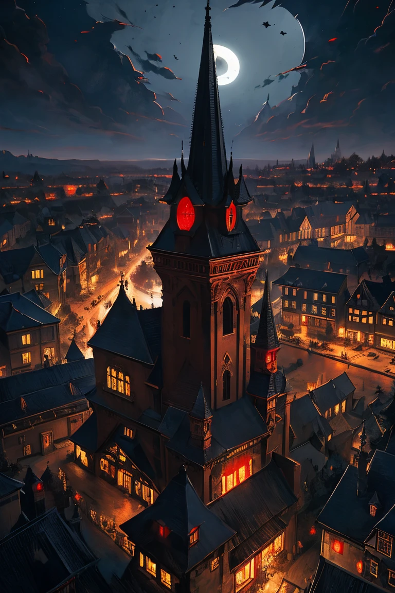 old European village shot with bird view, (Red glowing eyes), masterpiece, Depth of written boundary, Lutz, Gwaites style artwork, Gothic aesthetics, Dark Vampire village, ((in the dark gothic style cathle:1)), ((dark mid-night time:1.5)),