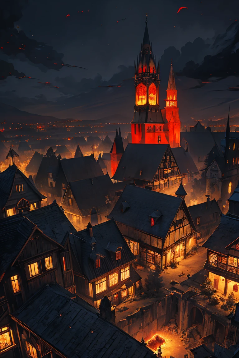 old European village shot with bird view, (Red glowing eyes), masterpiece, Depth of written boundary, Lutz, Gwaites style artwork, Gothic aesthetics, Dark Vampire village, ((in the dark gothic style cathle:1)), ((dark mid-night time:1.5)),