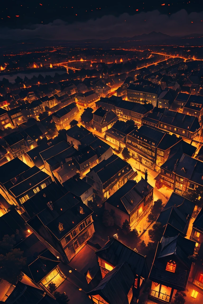 old European village shot with bird view, (Red glowing eyes), masterpiece, Depth of written boundary, Lutz, Gwaites style artwork, Gothic aesthetics, Dark Vampire village, ((in the dark gothic style cathle:1)), ((dark mid-night time:1.5)),