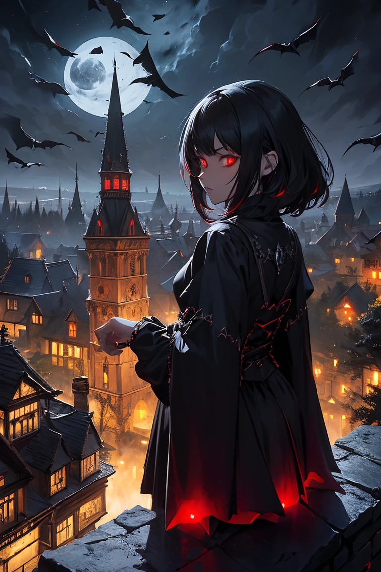 old European village shot with bird view, (Red glowing eyes), masterpiece, Depth of written boundary, Lutz, Gwaites style artwork, Gothic aesthetics, Dark Vampire village, ((in the dark gothic style cathle:1)), ((dark mid-night time:1.5)),