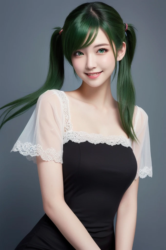 masterpiece, 8k, arafed image of a woman in a white dress with green hair, lace embellished blouse, RAW photo, (twin tails:1.2), smile, photo quality, extremely detailed artgerm, beautiful alluring woman, style artgerm, artgerm on artstation pixiv, artgerm lau, like artgerm, range murata and artgerm, artgerm style, girl cosplay