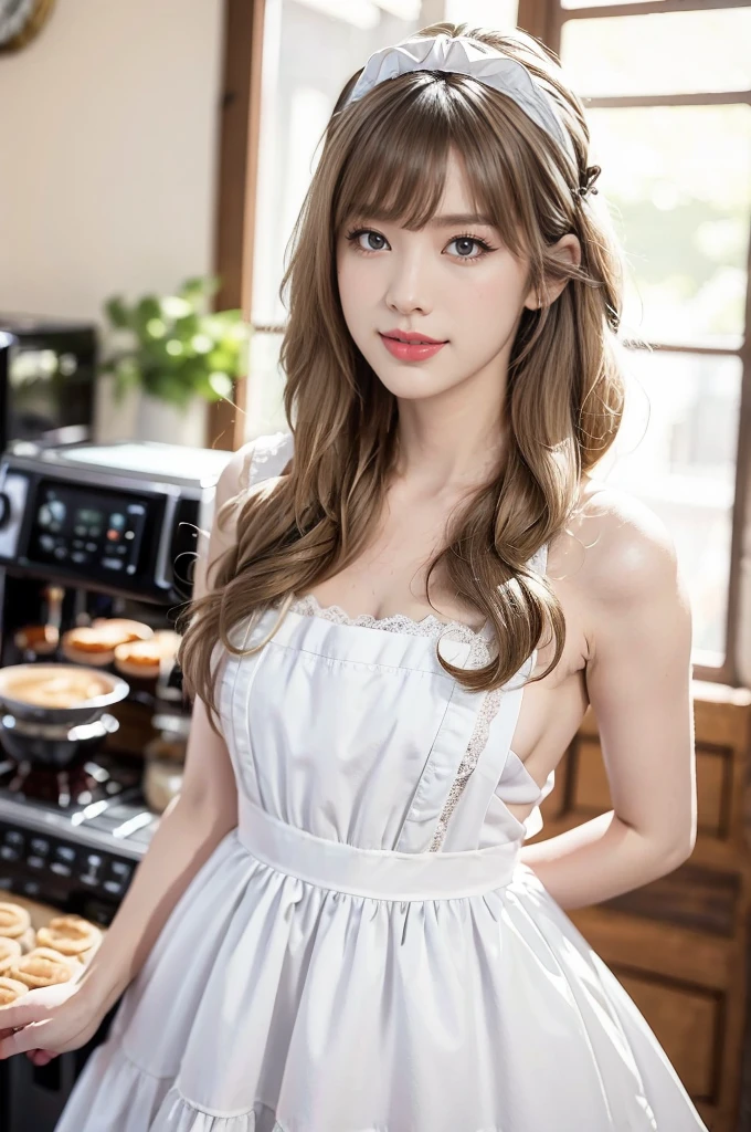 (((best quality))),(((ultra detailed))),(((masterpiece))),illustration,1girl,maid cafe,stunningly beautiful,slim,medium straight bob hair,flat chest,deep captivating eyes,maid costume,strapless see through lace apron,graceful movements,confident charm,warm genuine smile,France cafe,delicious coffee pastries,warm inviting atmosphere,joyful eyes,Coffee Machine,close-up of face