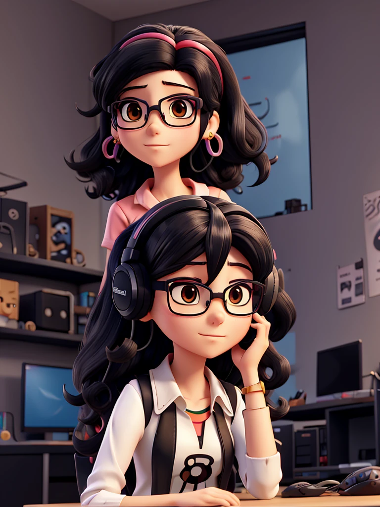 Photograph, anime style, very beautiful woman, gamer, attractive, long black curly hair, black eyes, rectangular glasses, earring, headset, rainbow shirt, otaku gamer room background