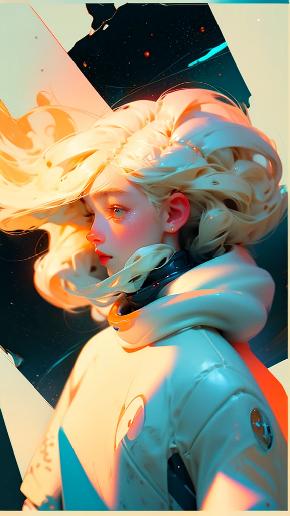masterpiece, best quality, 1girl, space thriller movie poster, Bauhaus, shapes, lines, abstract, blonde hair, japanese girl