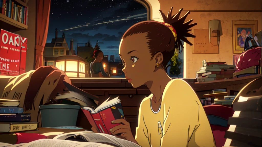 ((carol_Stanley)), One girl, Brown Hair, Dark Skin, Dark skinned women, Earrings, ponytail, short hair, Reading a book alone, Seaside, evening,(((Movie angle))), Bed in a room with bookshelves, Night sky outside the window,