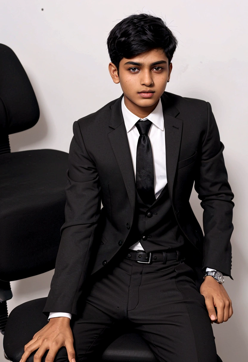 a Indian bihari boy, honey skin, short black hair, wearing black suit & pant, sitting on black office chair, image fill, best quality, 1080P, HD, 16k, super detail