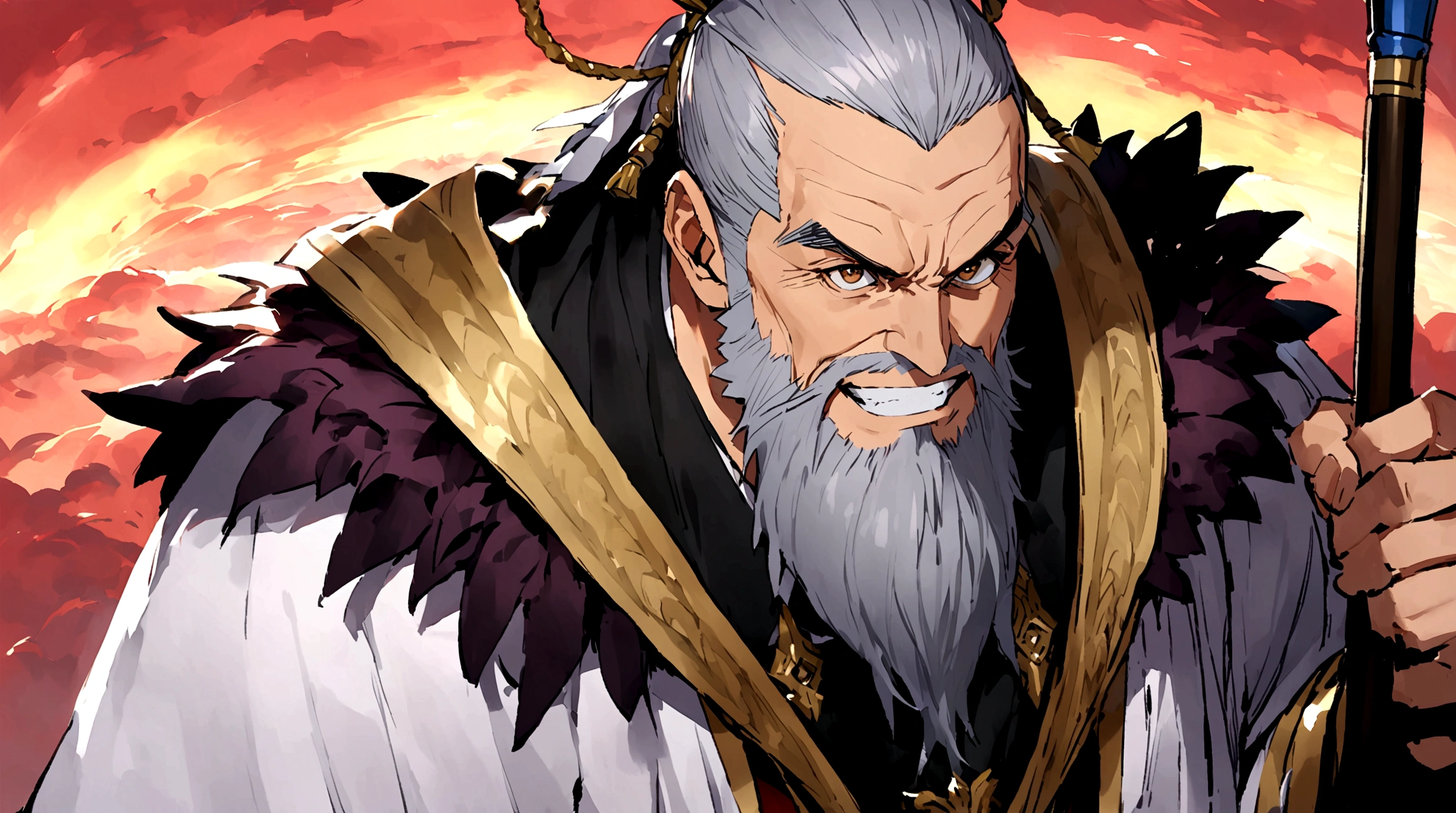 solo,1male,Whisk,Male focus,Grin,Facial hair,imitate,POLEARM,beard,Baldness,elder