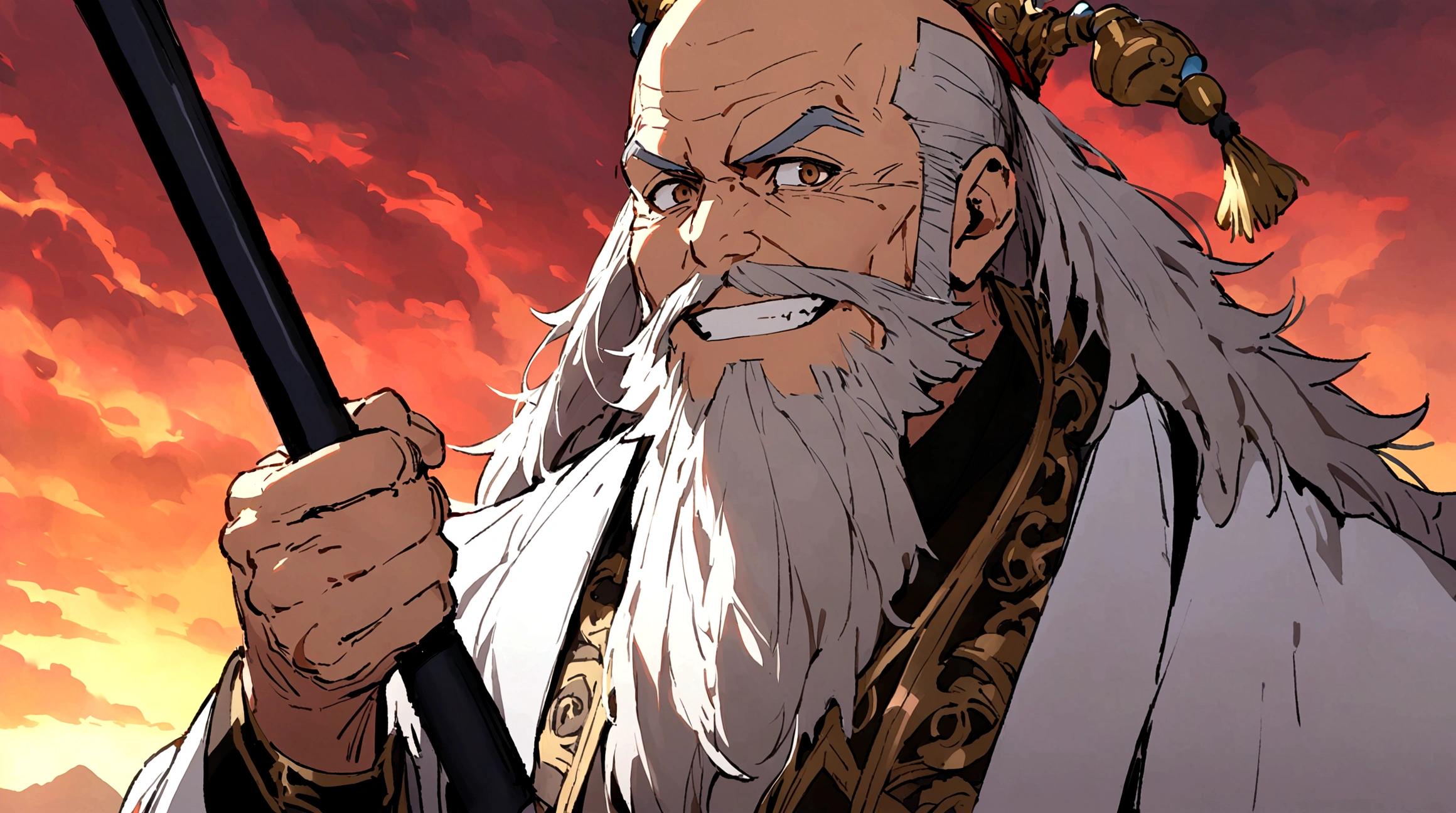solo,1male,Whisk,Male focus,Grin,Facial hair,imitate,POLEARM,beard,Baldness,elder