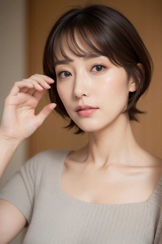 top-quality,40 year old woman,Colossal ,so short hair,well-muscled,Beautiful face,Slender eyes,Thick lip,Thin makeup,blusher,Realistic wrinkles,Exposing breasts,
