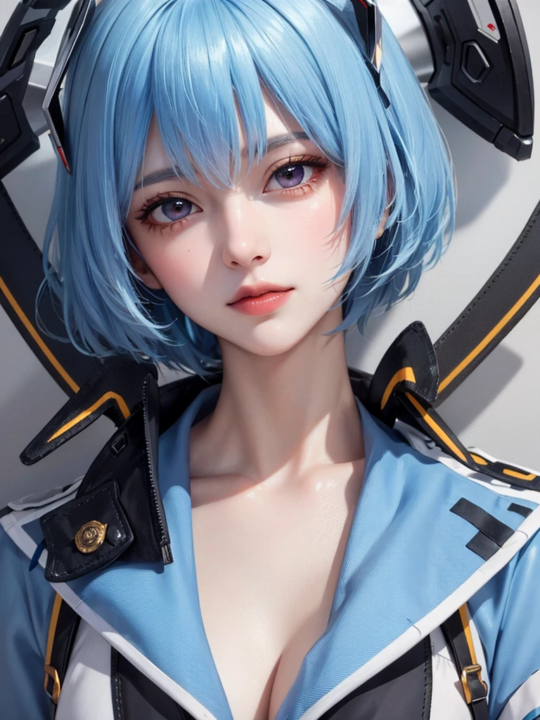 Masterpiece, Best Quality, 8K, Detailed Skin Texture, Detailed Cloth Texture, Beautiful Detail Face, Intricate Detail, Ultra Detailed, Portrait of Rei Ayanami, Blue Hair, Red Eyes, Head Tilt, No Background
