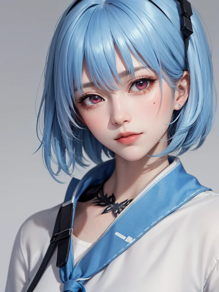 Masterpiece, Best Quality, 8K, Detailed Skin Texture, Detailed Cloth Texture, Beautiful Detail Face, Intricate Detail, Ultra Detailed, Portrait of Rei Ayanami, Blue Hair, Red Eyes, Head Tilt, No Background